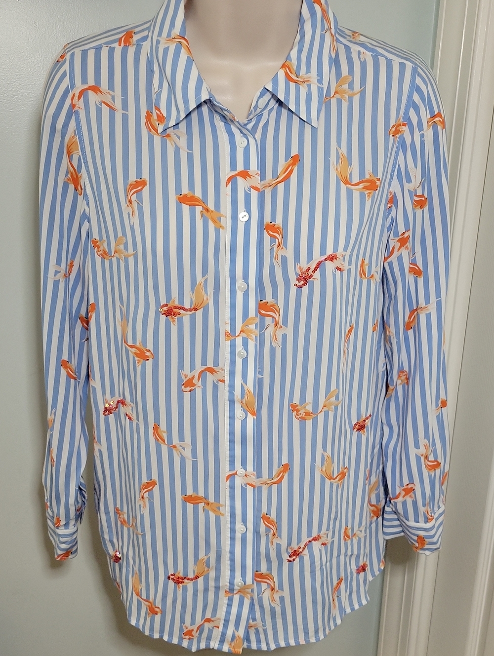 Soft Surroundings Blue and White Striped Coi Fish Button-Down Shirt Sz Sm Petite